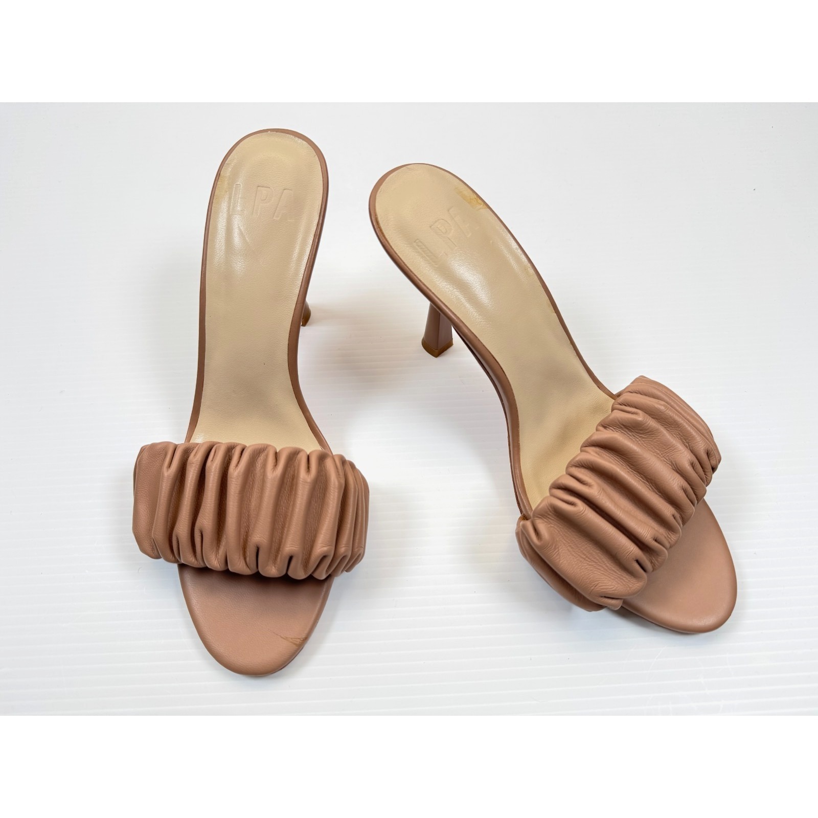 Lpa Augstine Slip On Heels Women 8.5 Nwob Ruched Leather Mules Stiletto Beige